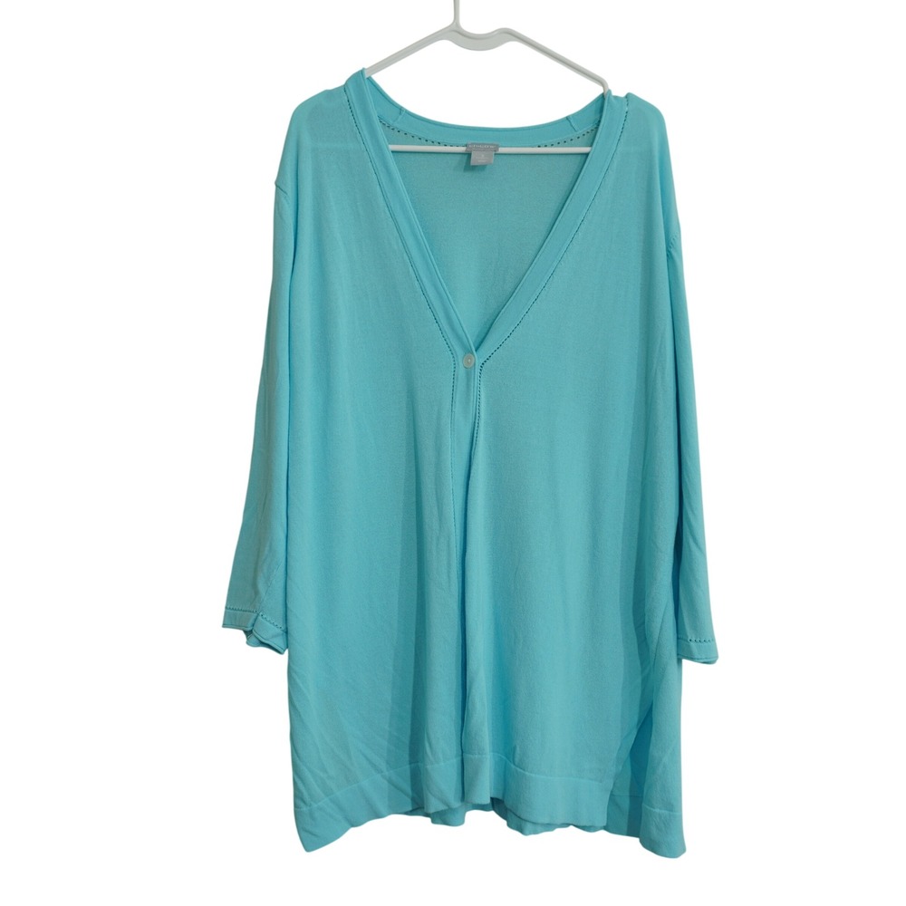 Chico's Size XL Aqua Blue V-Neck Single Button Cardigan Sweater Pointelle Trim